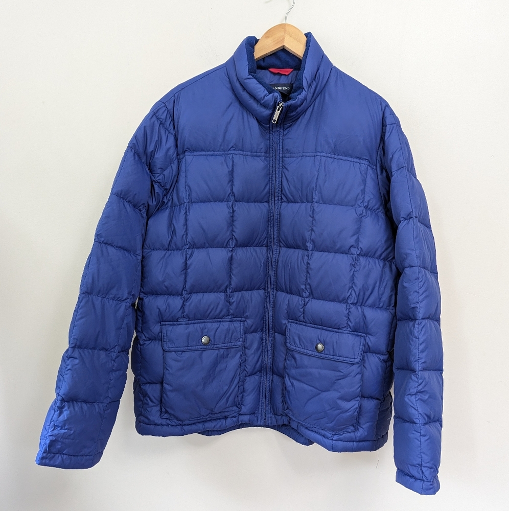 Lands End Mens Blue Quilted Down Puffer Coat XL